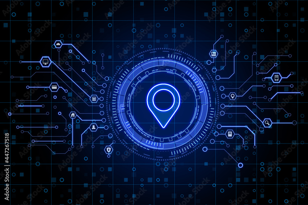 Creative glowing map pin icon on dark blue background with digital ...