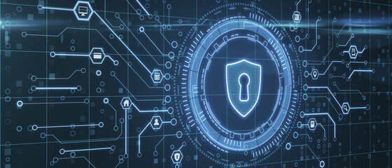 Aufkleber - Cyber security concept with digital glowing shield icon with keyhole surrounded by microcircuit details on abstract dark background