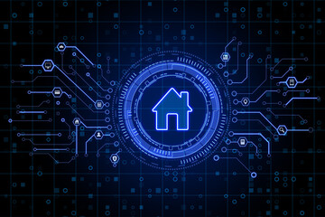 Aufkleber - Smart home concept with glowing blue home symbol in abstract technological circle on dark digital backdrop