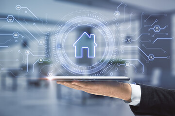 Aufkleber - Close up of businessman hand holding tablet with creative glowing house icon on blurry office background with circuit. Remote control and smart home concept. Double exposure.