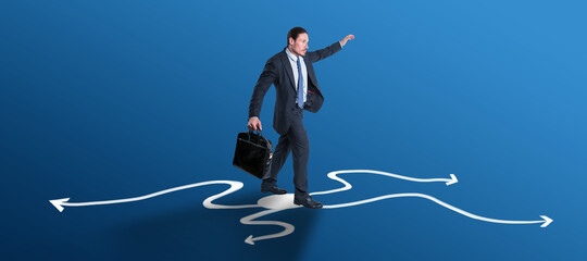 Aufkleber - Young european businessman with briefcase and arrows on blue background. Success, leadership, choice and direction concept.
