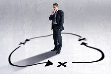Poster - Finding the right direction with pensive businessman on light floor surrounded by black drawn road route.