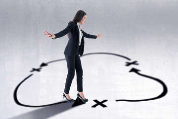 Poster - Young european businesswoman with arrows walking in circles on concrete background. Success, leadership, choice, loop and direction concept.