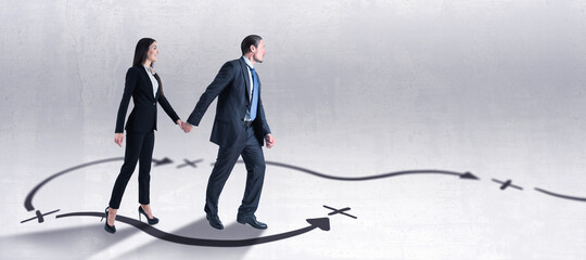 Aufkleber - Young european businesspeople with arrows on concrete background with mockup place. Success, leadership, choice and direction concept.