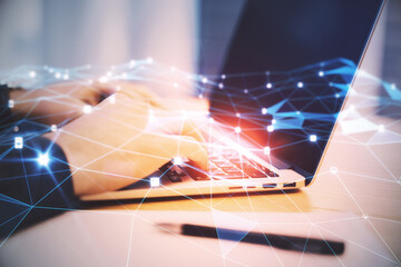 Poster - Close up of hands using laptop with creative glowing polygonal mesh on blurry outdoor background. Innovation and technology concept. Double exposure.