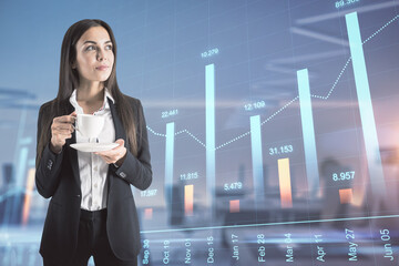 Poster - Attractive young european businesswoman with coffee cup and abstract forex chart standing on blurry background with mockup place. Technology, trade and finance concept. Double exposure.