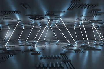 Poster - Stylish spacious dark shades futuristic hall for presentation or performance with glowing neon lights and pipes on ceiling and floor