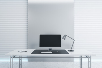 Aufkleber - Desk with empty black computer screen in modern white office interior with daylight. Mock up, 3D Rendering.
