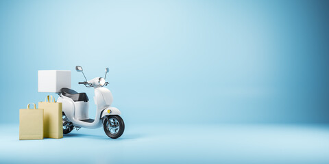 Poster - Fast delivery by scooter on mobile concept with white motorbike and craft paper bags on blank blue backdrop with copyspace for your logo and text. 3D rendering, mock up