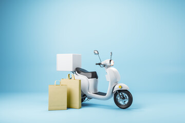 Poster - Delivery and courier concept with white motorbike with square trunk and eco style paper bags on light blue background