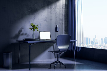 Aufkleber - Contemporary blue interior with desktop and empty white laptop. Hipster home workplace. 3D Rendering.