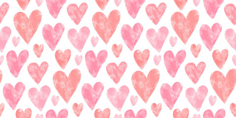 Wall Mural - pink watercolor textured hearts seamless pattern on white background. romantic vector backdrop for v