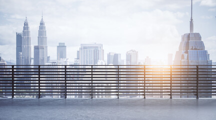 Poster - Concrete balcony with bright city view, sunlight and mockup place. 3D Rendering.