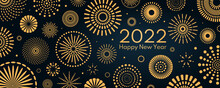 Golden Fireworks 2022 Happy New Year, Bright On Dark Background, With Text. Flat Style Vector Illustration. Abstract Geometric Design. Concept For Holiday Greeting Card, Poster, Banner, Flyer.