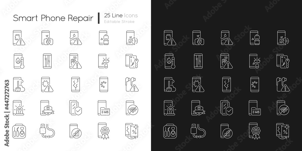 Smartphone repair linear icons set for dark and light mode. Mobile ...