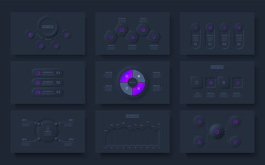 Poster - Nine slides with dark neumorphic infographics elements. Circles, rings, hexagons and charts info graphic design templates. Set of Infograph concept with 3, 4, 5 and 6 options