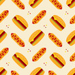 Hot dog and burger, cheeseburger cute cartoon style vector seamless pattern background for fast food design.