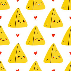 Wall Mural - Cute cartoon style samosa, indian baked savory pastry and red hearts vector seamless pattern background.
