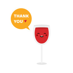 Sticker - Cute and happy cartoon style red wine glass character with speech bubble saying thank you, showing appreciation.
