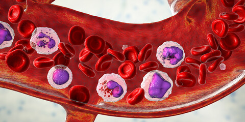 Sticker - Blood flow. 3D illustration showing different types of blood cells