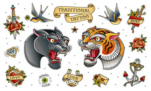 Black Panther And Tiger Head Traditional Old School Tattoo Sticker Decal Collection. Tattoo Set Of Retro Style Panter And Tiger Head Isolated From White Background, Grouped And On Separate Layers