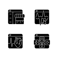 Sticker - Digital services black glyph icons set on white space. Music streaming. E-commerce. Medical platforms. App distribution. Personal playlists. Silhouette symbols. Vector isolated illustration