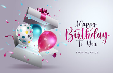 Happy birthday vector design. Happy birthday to you text with surprise element like balloons, gift and confetti  decoration for birth day celebration greeting card. Vector illustration
