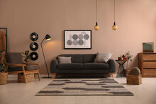 Stylish Living Room Interior With Comfortable Dark Sofa