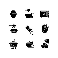 Poster - Cooking black glyph icons set on white space. Cookery steps. Homemade meals. Recipe for dinner. Bake dessert. Food preparation instructions. Silhouette symbols. Vector isolated illustration