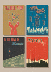 Wall Mural - Atomic Age Science Propaganda Posters Stylization, Vintage Posters with Atom, Bombs, Laboratory and Nuclear Energy Plant Mid Century Modern Art style