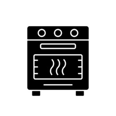 Sticker - Bake in oven black glyph icon. Domestic cooker. Roasting meal in household stove. Cooking instruction. Food preparation process. Silhouette symbol on white space. Vector isolated illustration