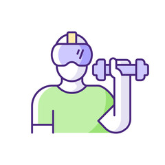 Poster - Virtual reality fitness RGB color icon. VR exercises. Sport gamification. Playstation activities. Boxing simulator, Special equipment. Isolated vector illustration. Simple filled line drawing