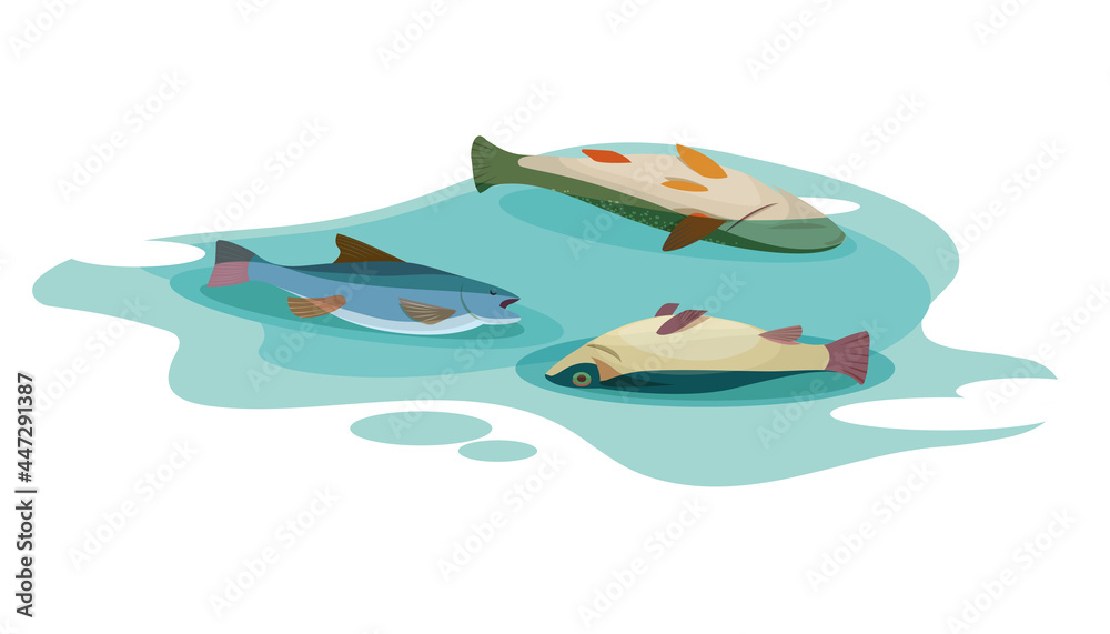Three dead fish floating on surface of the poisoned water. Concept of environmental pollution. Vector flat illustration - obrazy, fototapety, plakaty 