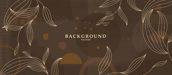 Wall Mural - Abstract background art with botanical leaves on dark brown or chocolate background. Earthtone colors wall art decor. Boho style minimalistic background. Vector illustration.