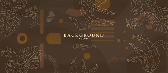 Wall Mural - Abstract background art with botanical leaves on dark brown or chocolate background. Earthtone colors wall art decor. Boho style minimalistic background. Vector illustration.