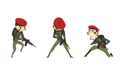 Wall Mural - Set of Army Soldiers, Men in Camouflage Combat Uniform and Red Beret Fighting with Gun Cartoon Vector Illustration