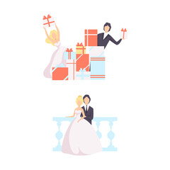 Wall Mural - Just Married Couples Set, Bride and Groom Opening Gift Boxes after Wedding Ceremony and Celebrating Marriage Flat Vector Illustration