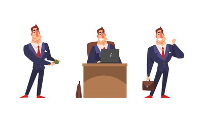 Wall Mural - Successful Businessman Character Set, Strong Muscular Businessman in Actions Cartoon Vector Illustration