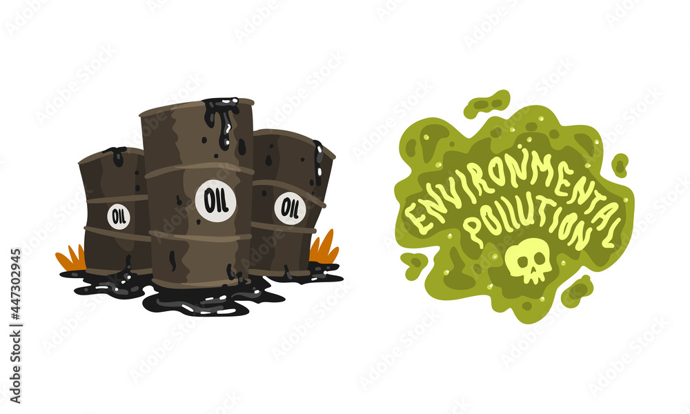 Environmental Pollution Set, Pollution of Nature with Oil Products Cartoon Vector Illustration - obrazy, fototapety, plakaty 