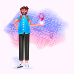 Poster - young man traveler with gps navigation route pointer on city map traveling concept