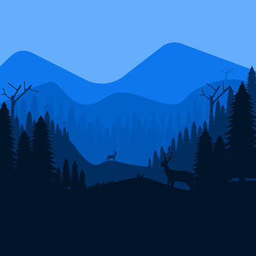 vector illustration Pine forest silhouette with deer animal