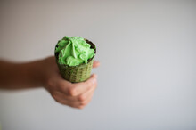 Ice Cream In Green Waffle Cone In Hand Isolated On Gray Background