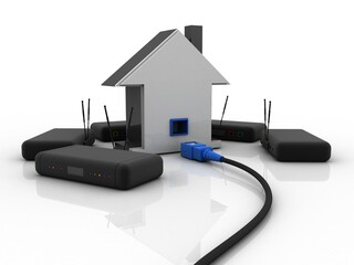 Poster - 3d rendering Network connection, internet communication and computer technology concept, closeup view of curved ethernet cable plug connector with wifi modem
