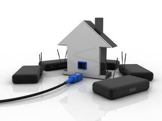 Poster - 3d rendering Network connection, internet communication and computer technology concept, closeup view of curved ethernet cable plug connector with wifi modem
