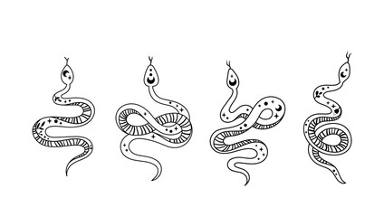 Wall Mural - mystical boho snake isolated cliparts bundle, celestial reptile with sun and moon symbol, space magi