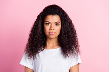 Wall Mural - Photo of nice curly hairdo young lady wear white t-shirt isolated on pastel pink color background