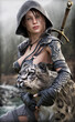 Portrait of a fantasy female Ranger pathfinder sitting with her pet feline, wearing leather armor , hooded cloak and equipped with a sword. Misty mountains 
and a stream in the background.3d rendering