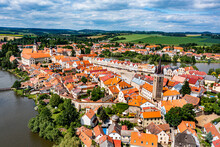 Aerial of the historic center of Telc, UNESCO World Heritage Site, South Moravia, Czech Republic