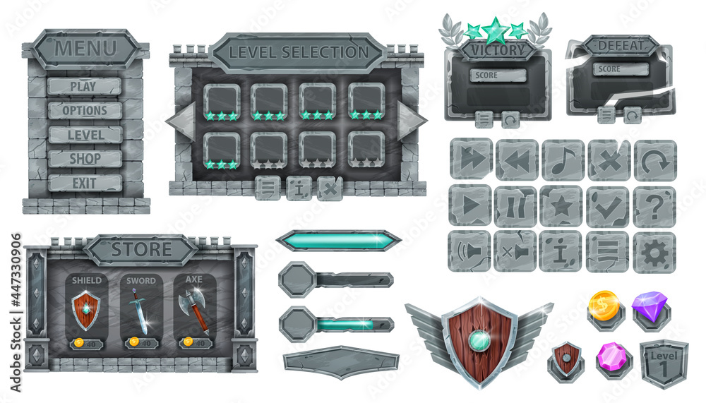 Image vectorielle Stock Stone game UI vector set, medieval rock button ...