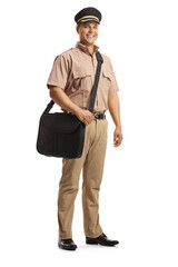 Wall Mural - Full length portrait of a smiling mailman in a uniform carrying a bag